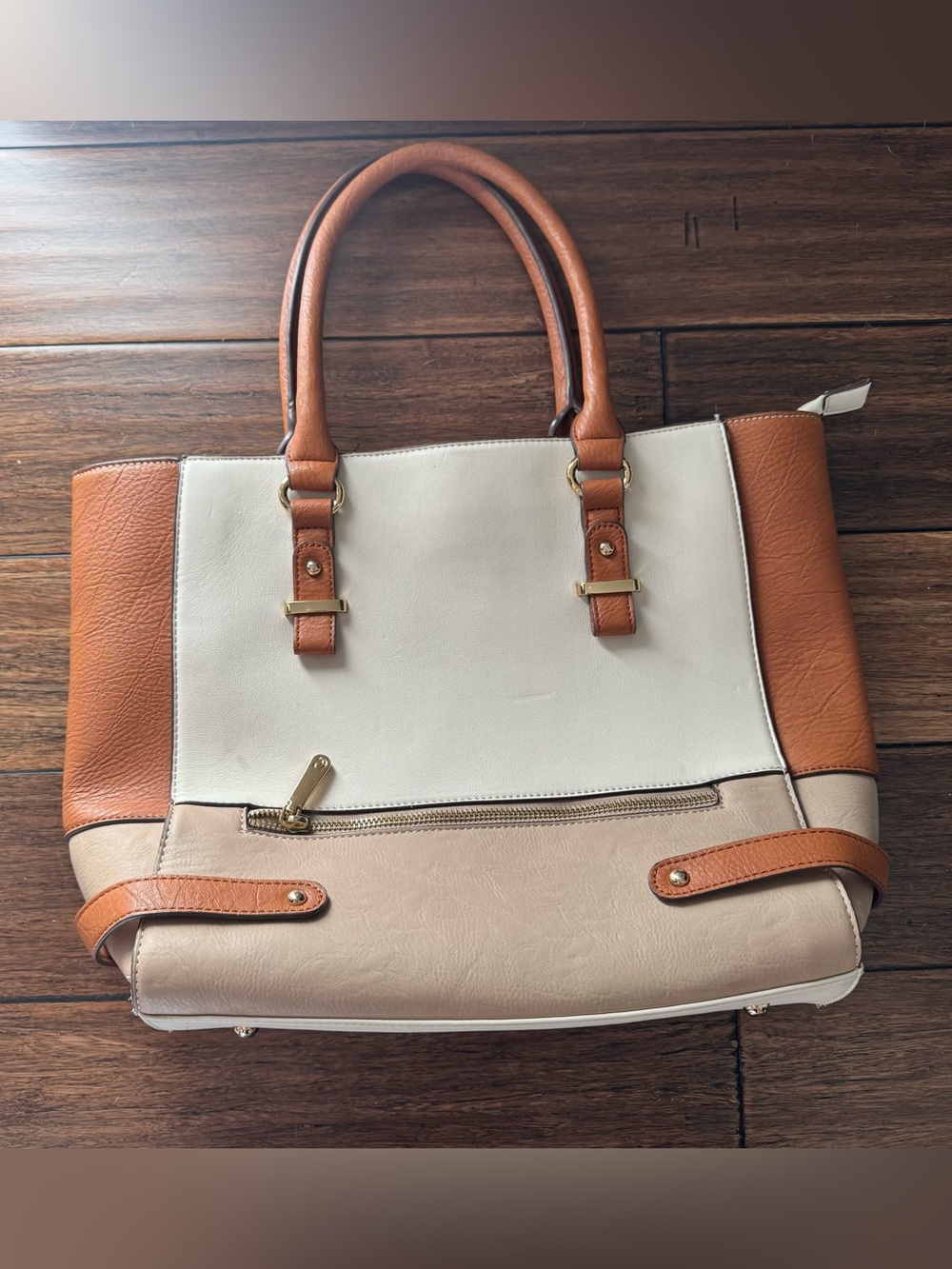 Charming Charlie White & Brown Faux Leather Tote Bag Purse
